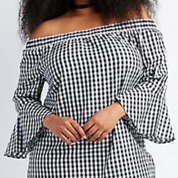 🏵️donated 10/25 Plus Size Gingham Off-Shoulder Shift Dress 2x Blk - Picture 3 of 6
